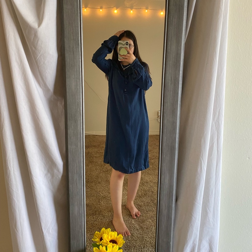 Old Navy denim dress size S dark blue Ruffle trim long sleeve Lyocell